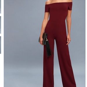 Lulus Alleyoop Burgundy Off-the-Shoulder Jumpsuit